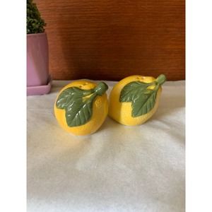 Lemon Salt & Pepper Shakers Ceramic Yellow w/ Green leaves Summer Must Have.